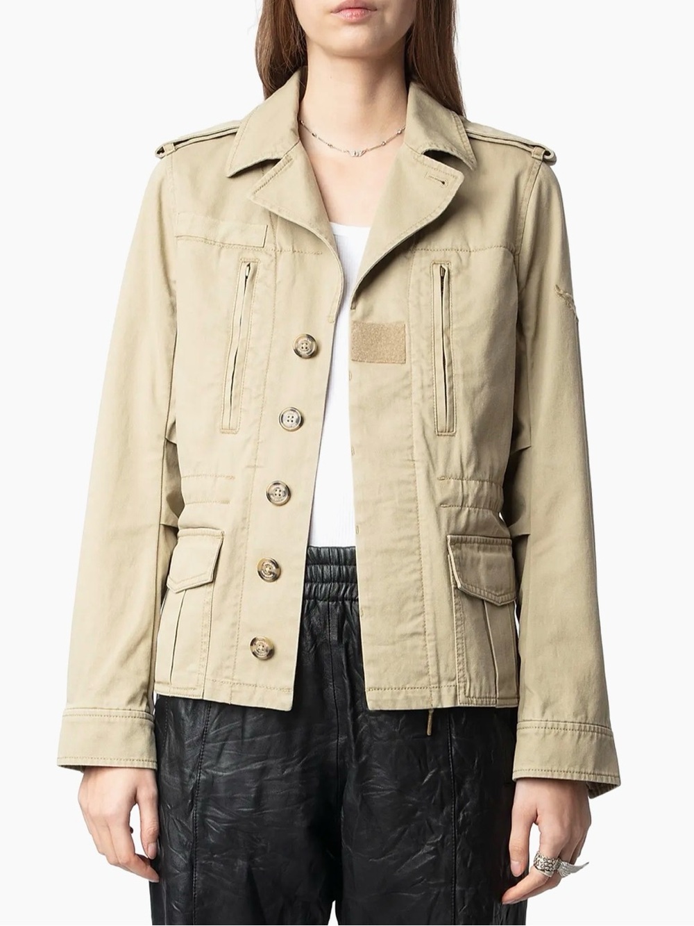 Zadig & Voltaire Klimi Beige Cotton Military Utility Jacket Embroidered Wings XS